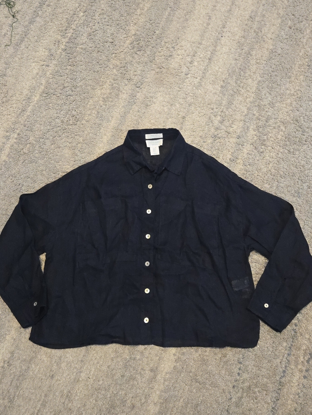 Cynthia Rowley 100% Linen Shirt Small Navy Blue Boxy Cropped Button Down EUC